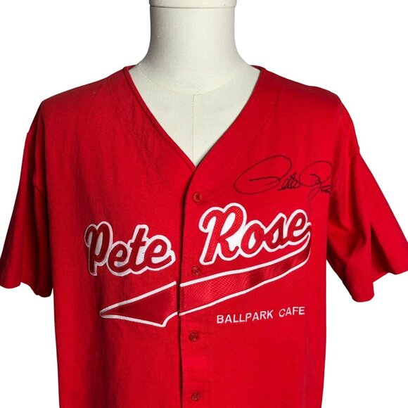 Vintage 90s Pete Rose Jersey Signed L Red Ballpark Cafe Buttons Short Sleeves - Picture 2 of 9